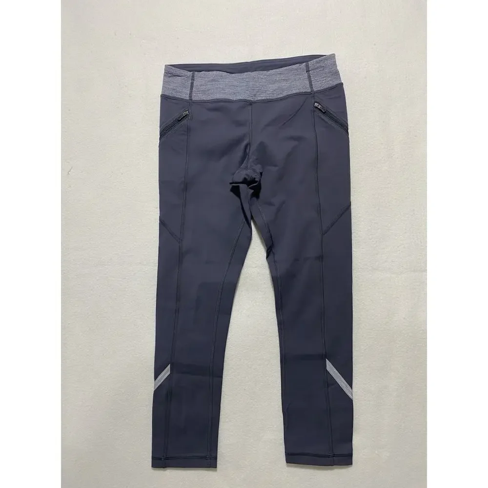 Lululemon Gray Running Capri Leggings Size 6 | Zip Pockets & Reflective Trim